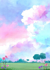 Fototapeta premium Watercolor painting with a pastel pink and blue sky, featuring fluffy clouds, a green grass field, and small trees. 