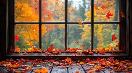 The view outside the window of falling leaves