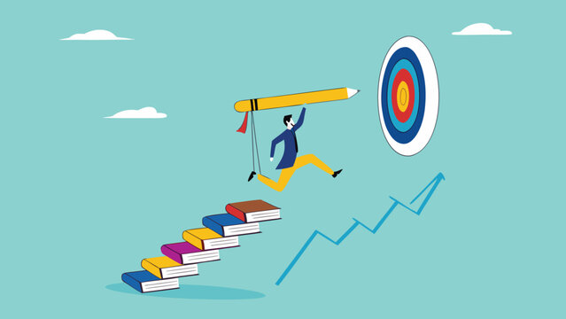 achieving education goals, strategies for achieving success with higher education, courses or skills development, Businesspeople create ladders from books to target educational goals with pencil

