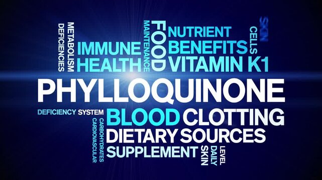 Phylloquinone Vitamin K1 animated word cloud-text design animation tag kinetic typography seamless loop.