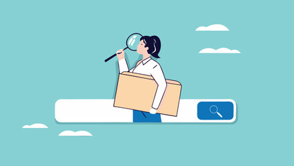 find new job or explore website concept, looking for job vacancies, browse the internet to get information, search concept, woman looking for job information in the search box using magnifying glass

