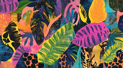 Artist creates a vibrant collage showcasing a profusion of tropical leaves in a variety of bright colors with dynamic composition for expressive nature inspired modern creative concept