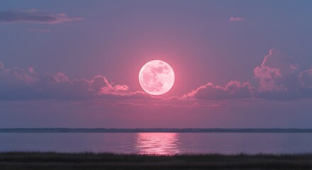 Fototapeta premium Pink Full Moon Over Calm Water Scene at Night with Clouds and Reflection