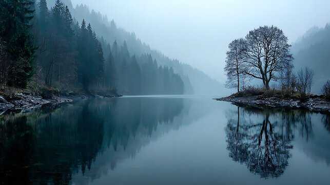 Tranquil forest lake shrouded in soft morning mist with faint tree reflections on still water, minimal light and empty space symbolizing calm, balance and mindfulness in nature