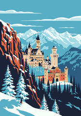 A pixelated depiction of Castle nestled in a winter landscape with snowy peaks, geometric trees, and rocky cliffs under a bright blue sky. The scene evokes a retro, vintage feel