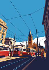 Obraz premium An illustration showcases a vibrant cityscape with classic red trams traversing down a street overlooked by a church steeple set against a clear blue sky. The vector graphic style gives it a clean