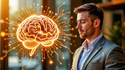 Confident businessman gray suit with digital brain hologram, symbolizing innovation, technology, intelligence, futuristic digital innovation - Powered by Adobe