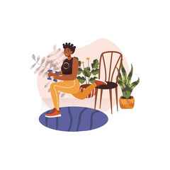 Woman Exercising With Dumbbells Indoors With Plants And Chair In Background Vibrant Colors