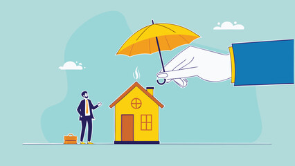 home insurance or homeowners protection, security shield concept, guarantee to protect the house from damage or loss of contents and structure, big businessman hand covers the house and its owner

