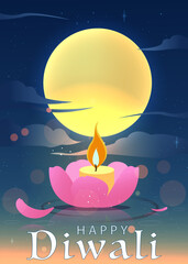 Happy Diwali Poster with Diya Lamp Vector Illustration. Indian festival of lights Design. Suitable for Greeting Card, Banner, Flyer, Template.