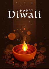Happy Diwali Poster with Diya Lamp Vector Illustration. Indian festival of lights Design. Suitable for Greeting Card, Banner, Flyer, Template.