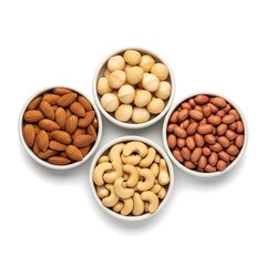 Assorted Nuts in Bowls - Almonds, Macadamia, Cashews, and Peanuts.