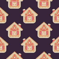 ОсновныеChristmas New Year Gingerbread house seamless pattern background for packaging and decoration RGB