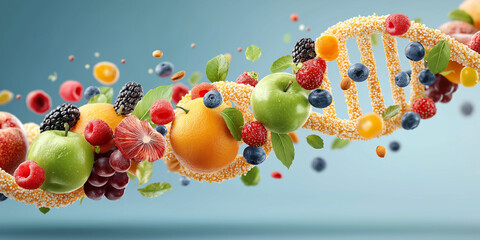 Vibrant DNA strand made of various fruits and seeds symbolizes fusion of nature and science, highlighting concepts of genetic research and nutrition