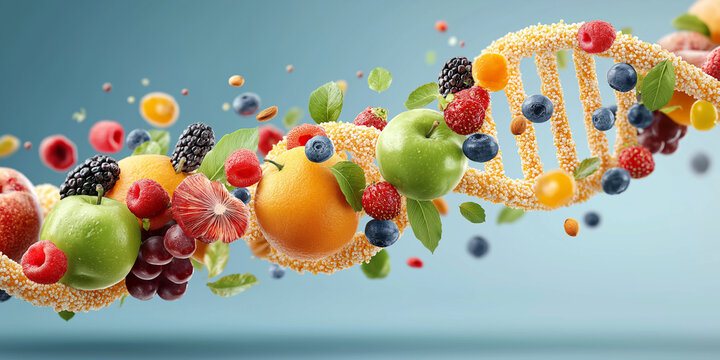 Vibrant DNA strand made of various fruits and seeds symbolizes fusion of nature and science, highlighting concepts of genetic research and nutrition