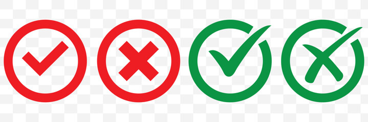 Obraz premium Check mark icon button set. Check box icon with right and wrong buttons and yes or no checkmark icons in green tick box and red cross. Isolated checkmark symbol, right and wrong sign concept. Icon.