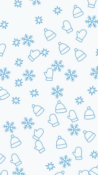 Seamless winter pattern with blue snowflakes, mittens, stars, and hats. Ideal for winter themed designs like wrapping paper or clothing.