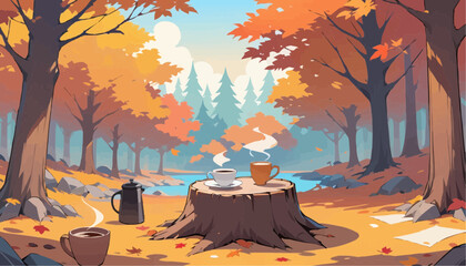 Autumn Forest Scene with Coffee and Tea on Tree Stump during Day