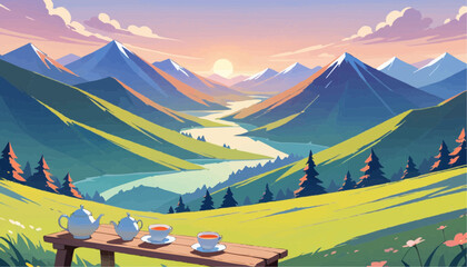 Scenic Mountain Landscape with Teapots and Tea Cups in Morning Light