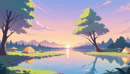Serene Sunset Landscape with Tents by River in Mountainous Nature Scene