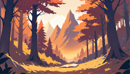 Autumn Forest Landscape with Mountains and Sun in Warm Colors