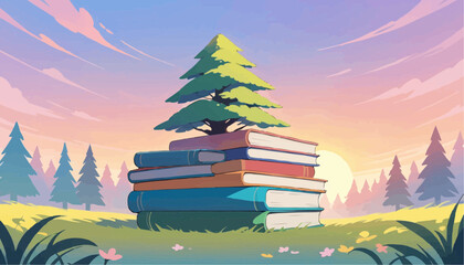 Colorful Illustration of Books Piled Under a Tree in Nature Scene at Sunset