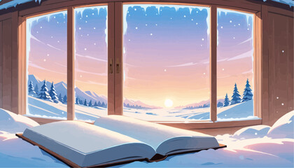 Open Book on Snowy Windowsill with Scenic Winter Sunset View