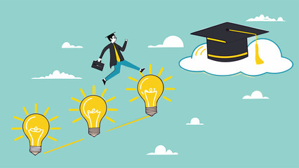 success step to achieve high education with knowledge, way to achieve higher education, journey to graduation, man jump through the light bulb idea towards graduation cap concept vector illustration

