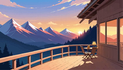 Mountain View Balcony Scene with Sunset Warm Lighting and Wooden Furniture
