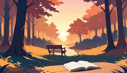 Serene Autumn Forest Scene with Sunset Sun and Open Book
