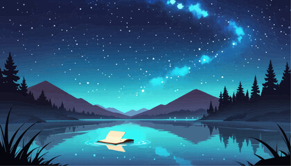 Serene Night Landscape with Starry Sky and Mountain Reflections in Calm Lake