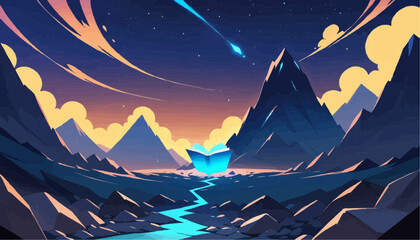 Fantasy Mountain Landscape with Glowing Crystal in Night Scene