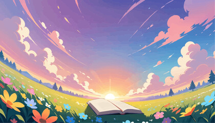 Open Book in Colorful Flowered Meadow at Sunrise Surreal Artistic Landscape