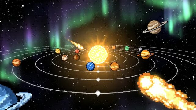 pixel art solar system cosmos and planets orbiting sun