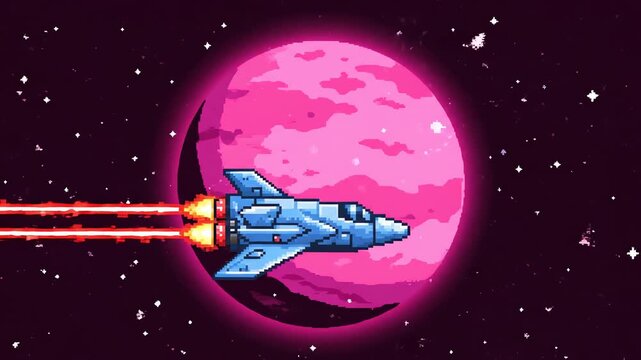 pixel art spaceship flying past pink planet
