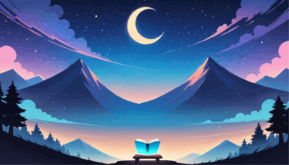 Magical Night Landscape with Crescent Moon and Mountain Range in Twilight