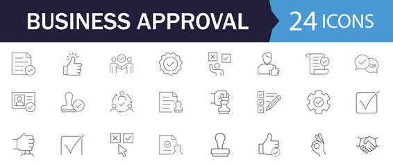 Business Approval Line Icons. Features icons of answer, approval, buttons, and document. Perfect for legal forms, contracts, corporate workflows, and validation.