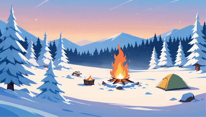 Winter Camping Scene Snow Covered Forest with Fire and Tent at Sunset