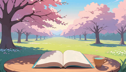 Open Book and Coffee Cup on Wooden Table in Cherry Blossom Park during Spring