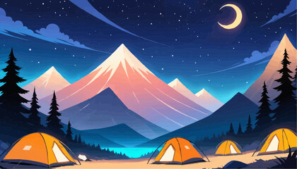 Night Camping Scene with Tents and Mountain Landscape Under Starry Sky and Crescent Moon