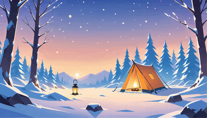 Serene Snowy Winter Camping Scene with Tent and Lantern in Forest at Sunset