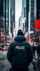 Fototapeta premium Back view of a police officer with POLICE on the uniform, standing against a blurred city background, conveying authority, vigilance, public safety, and protection in an urban setting. 