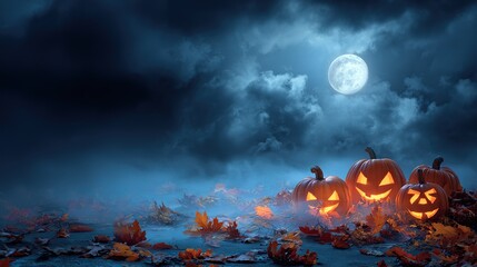 Halloween Concept Banner Design Background: Pumpkins, Full Moon in Sky, Glowing Jack-O'-Lanterns, Foggy Ground/Dark Clouds/Fallen Autumn Leaves (Blue Theme), Spooky Night for Posters/Holiday Decor