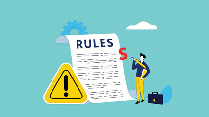 work rules and regulation, company standard operating procedures, Company policies for employee guidelines, smart businessman finishes writing work rules and regulations document concept illustration
