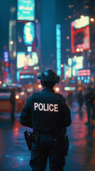 Back view of a police officer with POLICE on the uniform, standing against a blurred city background, conveying authority, vigilance, public safety, and protection in an urban setting.
