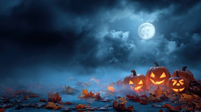 Halloween Concept Banner Design Background: Pumpkins, Full Moon in Sky, Glowing Jack-O'-Lanterns, Foggy Ground/Dark Clouds/Fallen Autumn Leaves (Blue Theme), Spooky Night for Posters/Holiday Decor
