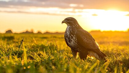 Hawk Perched in Golden Grassland Sunrise.