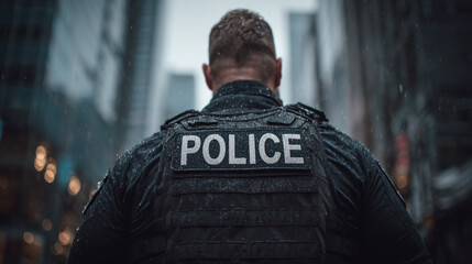 Back view of a police officer with POLICE on the uniform, standing against a blurred city background, conveying authority, vigilance, public safety, and protection in an urban setting.
