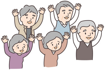 両手をあげて喜ぶ元気なシニア5人