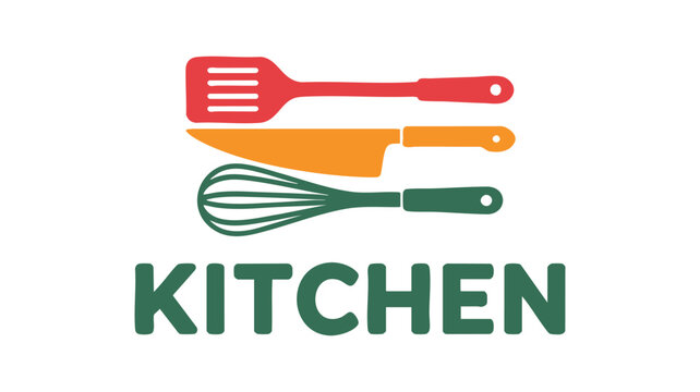 Colorful kitchen utensils spatula knife whisk and word logo design for food lovers